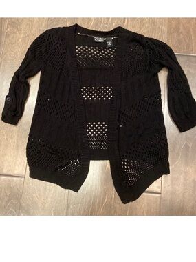 Black Open-Knit Women's Cardigan with Roll-Sleeve Detail